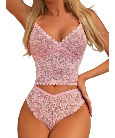 Lingerie for Women Lace Scallop Trim Lingerie Set Bra and Panty Solid Pink $12.47 Lingerie