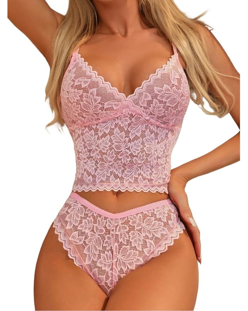 Lingerie for Women Lace Scallop Trim Lingerie Set Bra and Panty Solid Pink $12.47 Lingerie