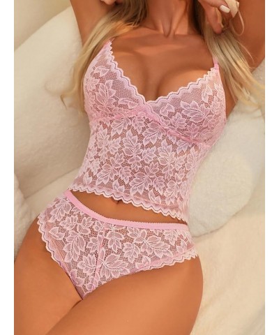 Lingerie for Women Lace Scallop Trim Lingerie Set Bra and Panty Solid Pink $12.47 Lingerie