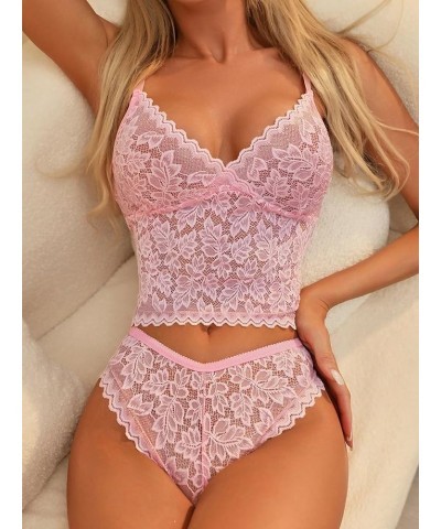 Lingerie for Women Lace Scallop Trim Lingerie Set Bra and Panty Solid Pink $12.47 Lingerie