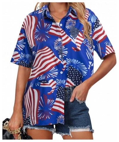 Hawaiian Shirt Women Hawaii T-Shirt Tropical Floral Printed V Neck Shirts Soft Cool Summer Beach Button Up Blouse Blue Flag $...