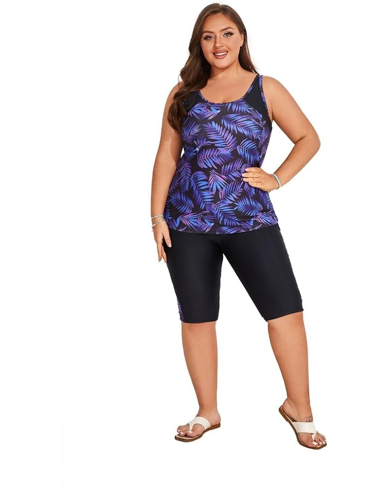 Women's Plus Size Tummy Control Tankini Swimsuits Color Block Bathing Suits with Shorts Knee Length Purple $19.94 Swimsuits