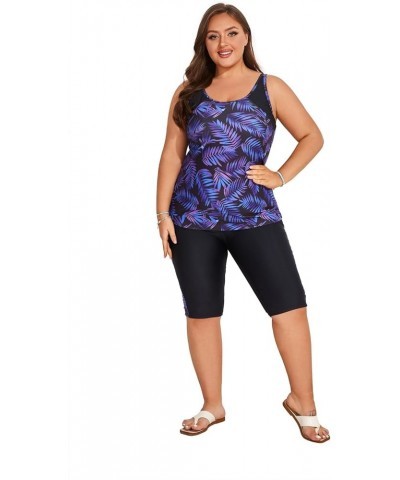 Women's Plus Size Tummy Control Tankini Swimsuits Color Block Bathing Suits with Shorts Knee Length Purple $19.94 Swimsuits