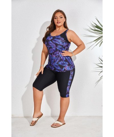 Women's Plus Size Tummy Control Tankini Swimsuits Color Block Bathing Suits with Shorts Knee Length Purple $19.94 Swimsuits