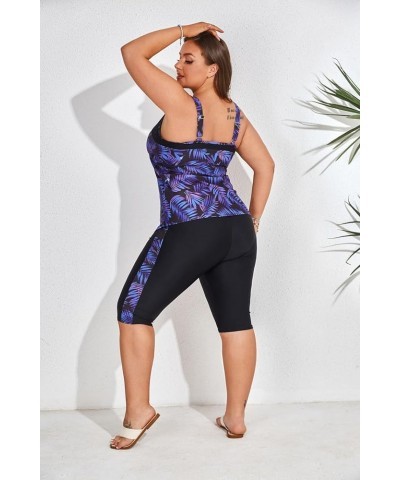 Women's Plus Size Tummy Control Tankini Swimsuits Color Block Bathing Suits with Shorts Knee Length Purple $19.94 Swimsuits