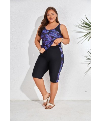 Women's Plus Size Tummy Control Tankini Swimsuits Color Block Bathing Suits with Shorts Knee Length Purple $19.94 Swimsuits