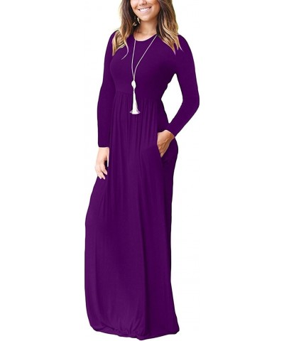 Maxi Dress for Women Purple X-Large Crewneck Long Sleeves Wedding Guest Loose Plain Casual Empire Waist Flowy Party Beach Vin...