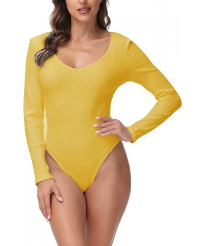 Women’s Sexy Long Sleeve Deep V Neck Tops Ribbed Stretchy Black Bodysuit Jumpsuits Yellow $9.60 Bodysuits