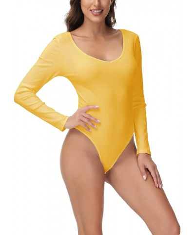 Women’s Sexy Long Sleeve Deep V Neck Tops Ribbed Stretchy Black Bodysuit Jumpsuits Yellow $9.60 Bodysuits