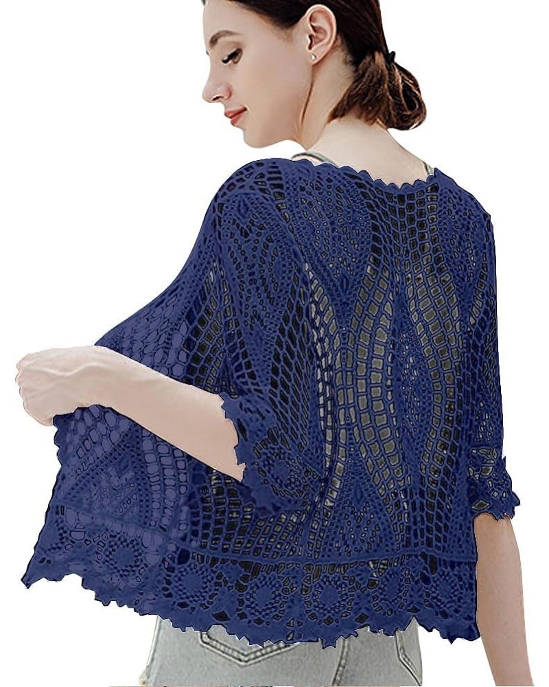 Women's Lace Cardigan Floral Crochet Sheer Beach Cover Ups Long Kimono with Half Sleeves Blue-a $13.45 Sweaters