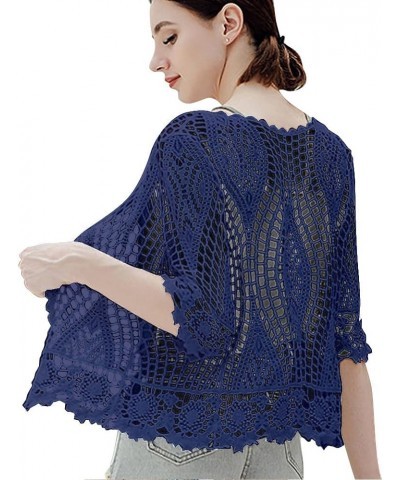 Women's Lace Cardigan Floral Crochet Sheer Beach Cover Ups Long Kimono with Half Sleeves Blue-a $13.45 Sweaters