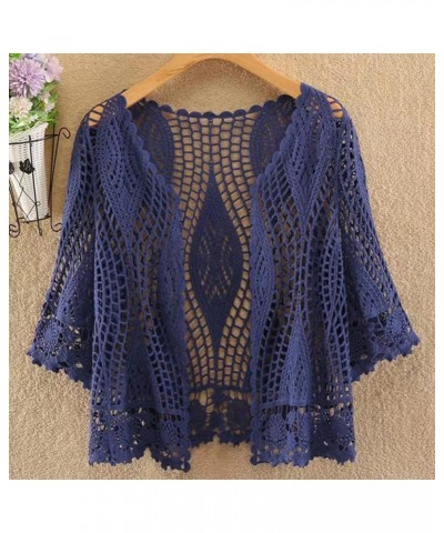 Women's Lace Cardigan Floral Crochet Sheer Beach Cover Ups Long Kimono with Half Sleeves Blue-a $13.45 Sweaters