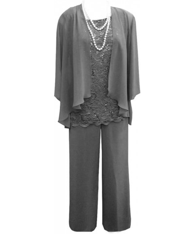 3 Pieces Mother of The Bride Pant Suits for Wedding Lace Chiffon Pants Suits for Women Dressy Dark-grey $12.40 Suits