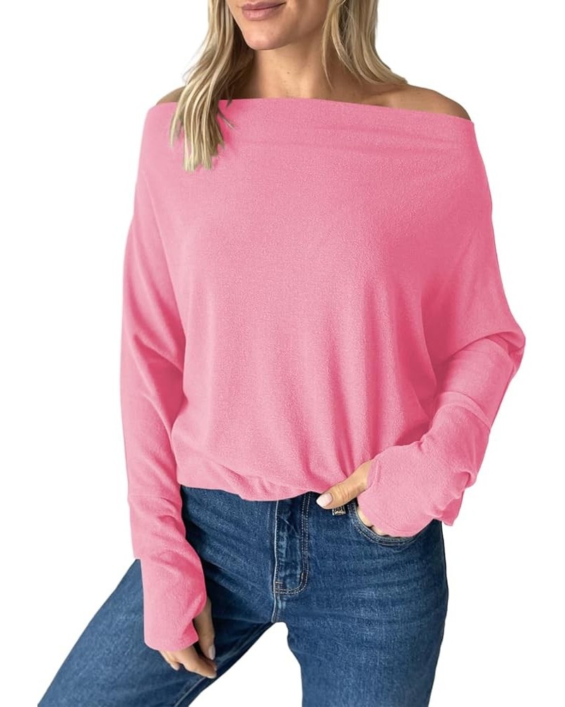 Womens Sexy Off Shoulder Tops Casual Going Out Long Sleeve Shirts Pink $10.58 Blouses