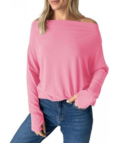 Womens Sexy Off Shoulder Tops Casual Going Out Long Sleeve Shirts Pink $10.58 Blouses