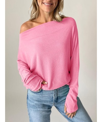 Womens Sexy Off Shoulder Tops Casual Going Out Long Sleeve Shirts Pink $10.58 Blouses