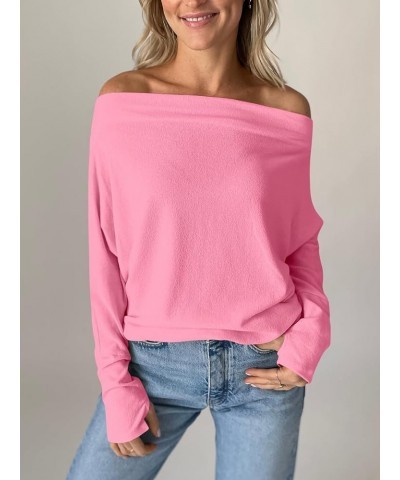 Womens Sexy Off Shoulder Tops Casual Going Out Long Sleeve Shirts Pink $10.58 Blouses