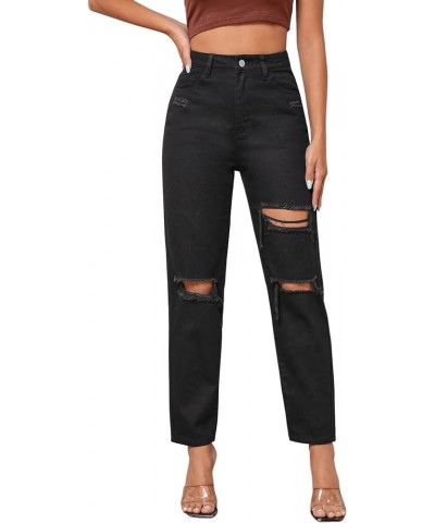 Women's High Waist Slant Pocket Denim Jeans Ripped Straight Leg Pants Deep Black $30.20 Jeans