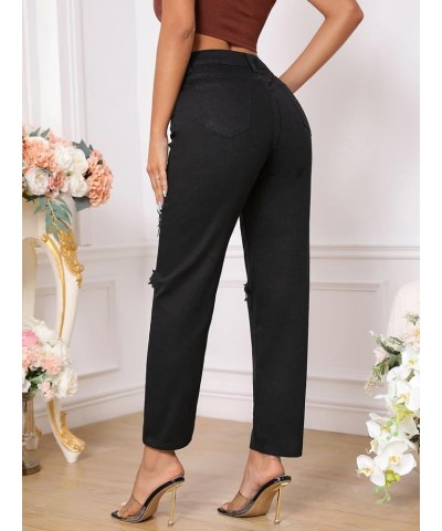 Women's High Waist Slant Pocket Denim Jeans Ripped Straight Leg Pants Deep Black $30.20 Jeans