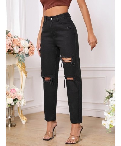 Women's High Waist Slant Pocket Denim Jeans Ripped Straight Leg Pants Deep Black $30.20 Jeans