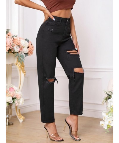 Women's High Waist Slant Pocket Denim Jeans Ripped Straight Leg Pants Deep Black $30.20 Jeans