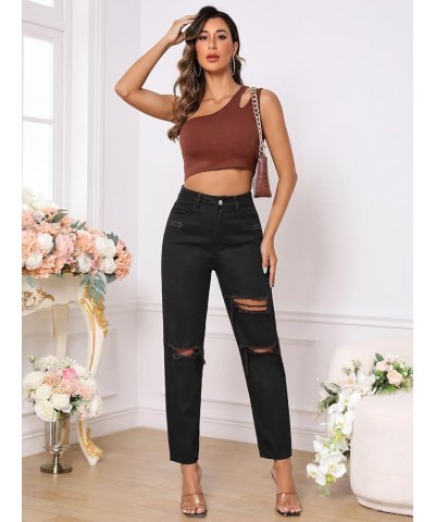 Women's High Waist Slant Pocket Denim Jeans Ripped Straight Leg Pants Deep Black $30.20 Jeans