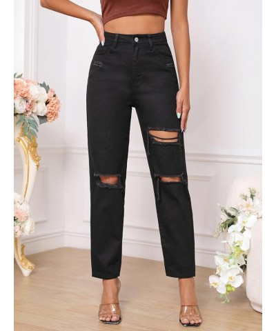 Women's High Waist Slant Pocket Denim Jeans Ripped Straight Leg Pants Deep Black $30.20 Jeans