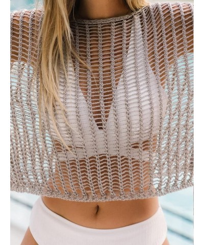 Women's Round Neck Cutout Bathing Suit Cover Up Crochet Swimsuit Beach Dress for Summer Brown $16.10 Swimsuits