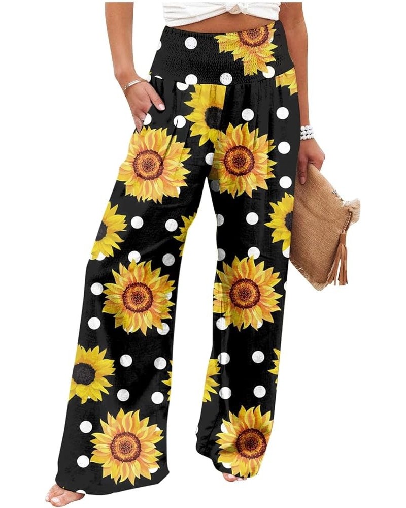 Women Linen Palazzo Pants 2024 Summer Boho Wide Leg High Waist Casual Loose Lounge Pant Trouser with Pocket A-yellow $6.35 Pants