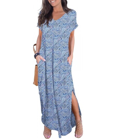 Women's Casual Loose Pocket Long Dress Short Sleeve Split Maxi Dresses 45 Fp Cashew Cyanblue $13.44 Dresses