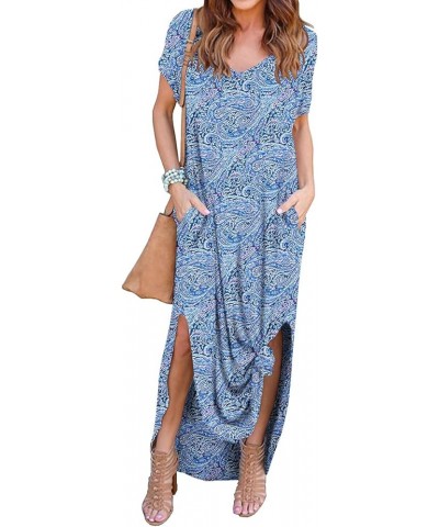 Women's Casual Loose Pocket Long Dress Short Sleeve Split Maxi Dresses 45 Fp Cashew Cyanblue $13.44 Dresses