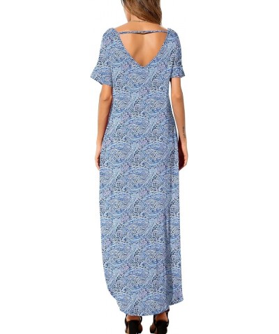 Women's Casual Loose Pocket Long Dress Short Sleeve Split Maxi Dresses 45 Fp Cashew Cyanblue $13.44 Dresses