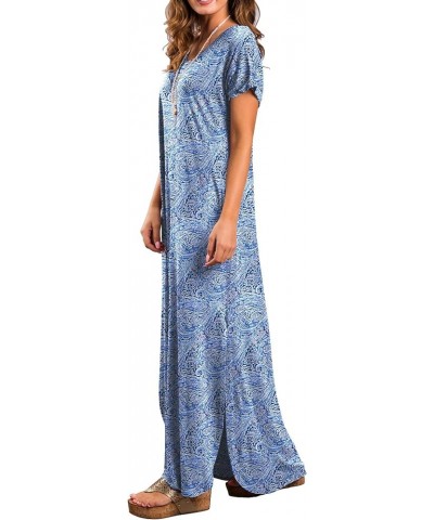 Women's Casual Loose Pocket Long Dress Short Sleeve Split Maxi Dresses 45 Fp Cashew Cyanblue $13.44 Dresses