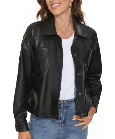 Women Faux Leather Shacket Moto Biker Shirts Loose Fit Blazer Long Sleeves Button Casual Jacket Plus Size S-XXL Black-short $...