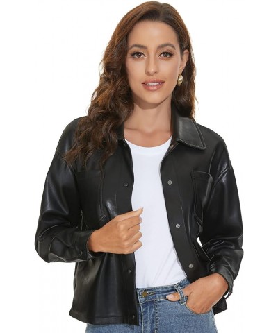 Women Faux Leather Shacket Moto Biker Shirts Loose Fit Blazer Long Sleeves Button Casual Jacket Plus Size S-XXL Black-short $...