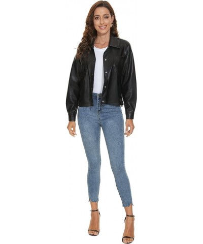 Women Faux Leather Shacket Moto Biker Shirts Loose Fit Blazer Long Sleeves Button Casual Jacket Plus Size S-XXL Black-short $...