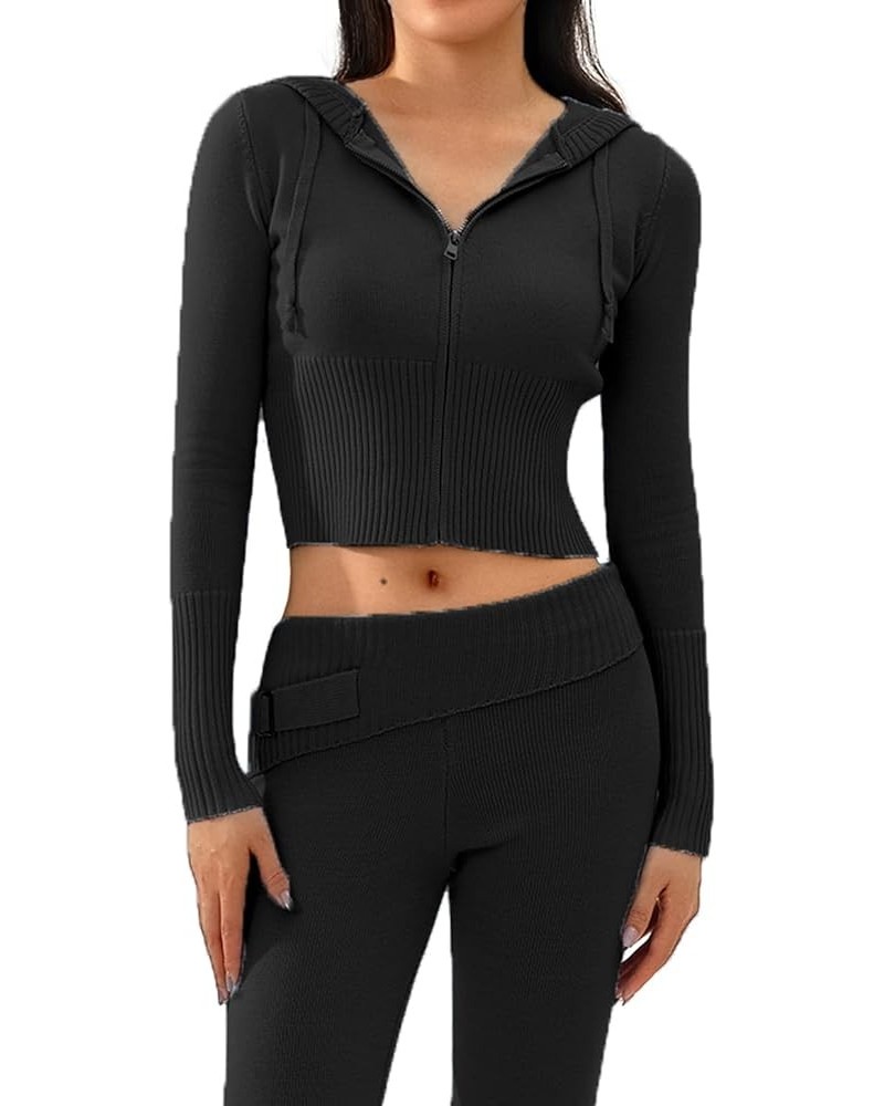 Women Knit 2 Piece Outfit Zip Up Long Sleeve Hoodie Sweater Pants Skinny Lounge Set Y2k Streetwear Long Black $23.31 Activewear