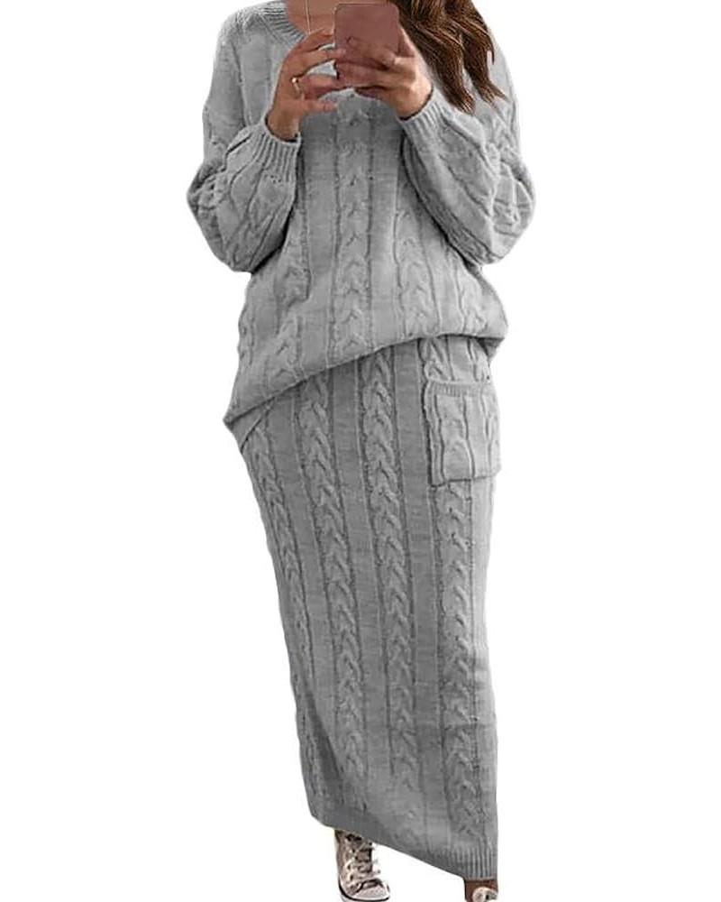 Women's Winter Chunky Cable Knit Long Skirt 2 Piece Outfit Sweater Sets Grey $28.25 Activewear