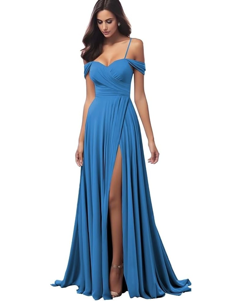 Off The Shoulder Bridesmaid Dresses for Women Long Pleated Satin Formal Dresses Evening Gown Blue $31.34 Dresses