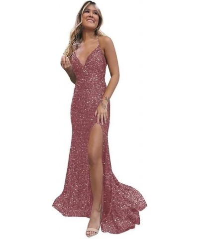 Mermaid Prom Dresses Sparkly Sequin V-Neck Prom Evening Party Dress with Slit Dusty Rose $40.49 Dresses