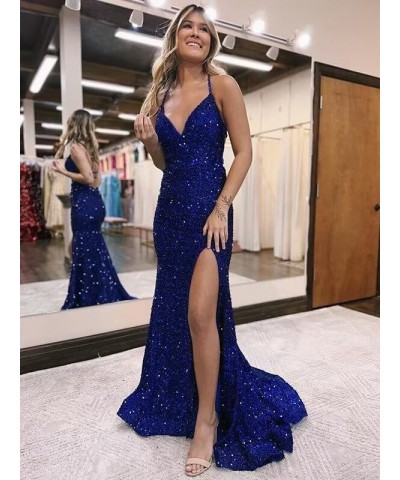 Mermaid Prom Dresses Sparkly Sequin V-Neck Prom Evening Party Dress with Slit Dusty Rose $40.49 Dresses