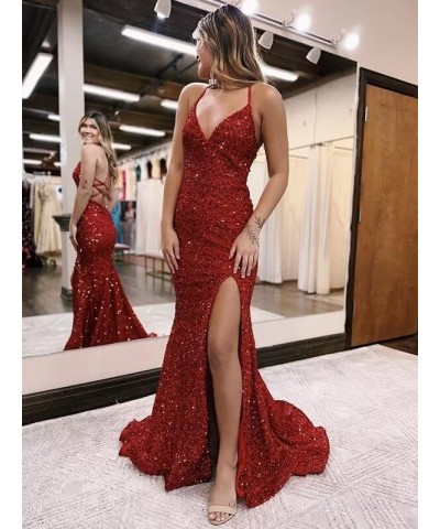 Mermaid Prom Dresses Sparkly Sequin V-Neck Prom Evening Party Dress with Slit Dusty Rose $40.49 Dresses