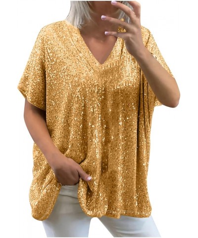 Women's Plus Size Sequin Tops Short Sleeve Trendy Loose Glitter Sparkle T Shirts Sexy Deep V Neck Tops Blouse Tees 2 yellow $...