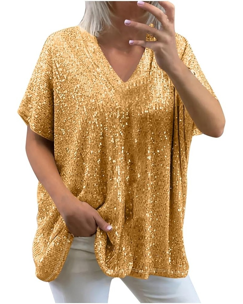 Women's Plus Size Sequin Tops Short Sleeve Trendy Loose Glitter Sparkle T Shirts Sexy Deep V Neck Tops Blouse Tees 2 yellow $...