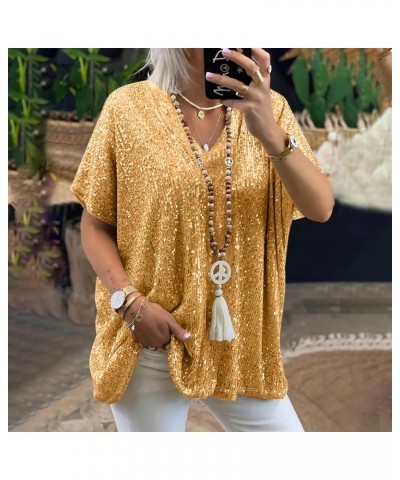 Women's Plus Size Sequin Tops Short Sleeve Trendy Loose Glitter Sparkle T Shirts Sexy Deep V Neck Tops Blouse Tees 2 yellow $...