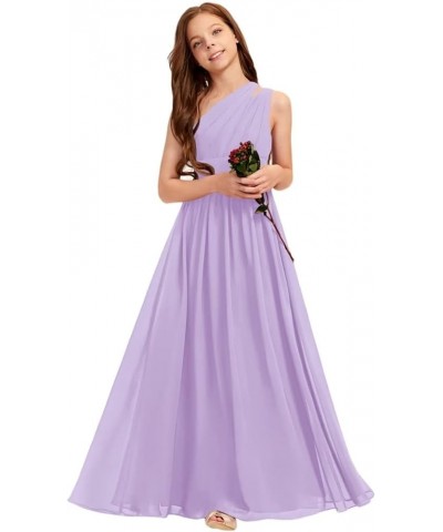 A-line One Shoulder Floor-Length Chiffon Junior Bridesmaid Dress for Wedding Teen Girls Party Gowns Lilac $30.00 Dresses