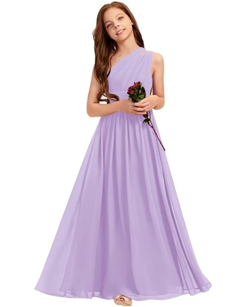 A-line One Shoulder Floor-Length Chiffon Junior Bridesmaid Dress for Wedding Teen Girls Party Gowns Lilac $30.00 Dresses