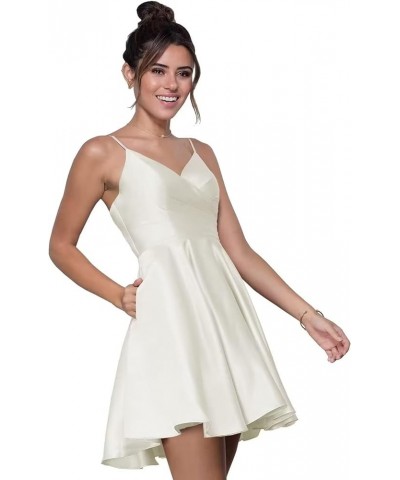 V-Neck Homecoming Dresses for Teens Spaghetti Strap Satin Short Prom Dress with Pockets Ivory $24.07 Dresses