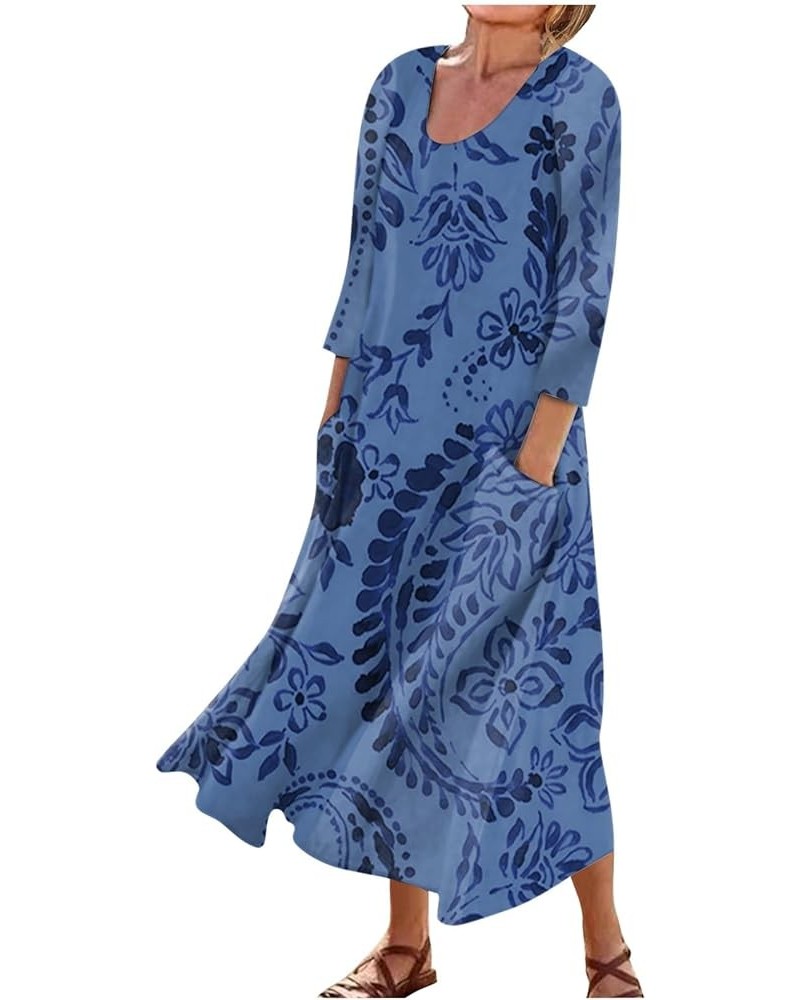 Vacation Dresses for Women Soft 3/4 Sleeve Floaty Popular Loose Linen Comfort Flower Print Women Dresses 02 Blue $9.36 Active...