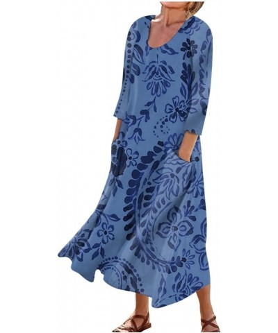 Vacation Dresses for Women Soft 3/4 Sleeve Floaty Popular Loose Linen Comfort Flower Print Women Dresses 02 Blue $9.36 Active...